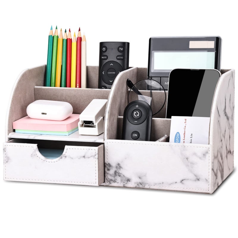 KINGFOM Pu Leather Desk Organizer Pen Pencil Holder Office Supplies Caddy Storage Box 6 Compartments with Drawer Gray Marble - Image 1